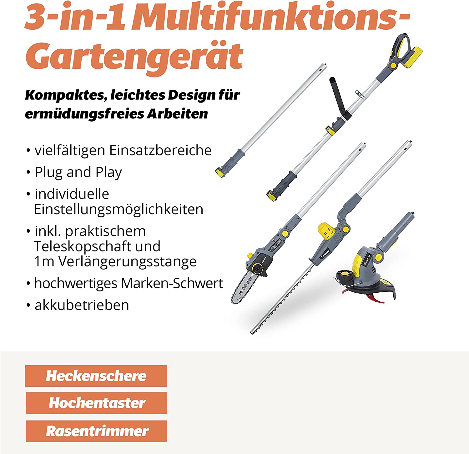 Neuwertig - FANZTOOL 20V Akku Heckenschere, Hochentaster, Rasentrimmer (3-in-1) - Fanztool