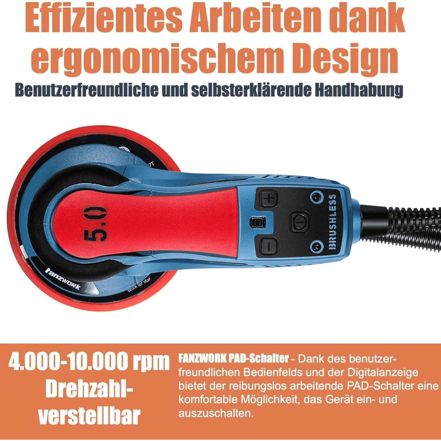 49B FANZWORK eccentric sander with 5mm sanding stroke and 150mm Velcro sanding pad. 350W brushless EC motor, including carrying case.