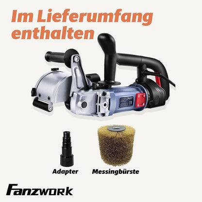 25 FANZWORK V2 1500 Watt Satiniermaschine Schleifmaschine Bürstenschleifgerät zur Renovierung von Oberflächen, mit Staubsaugung-Anschluss, Drehzahlregelung, Kugelgriff, Messing Bürste
