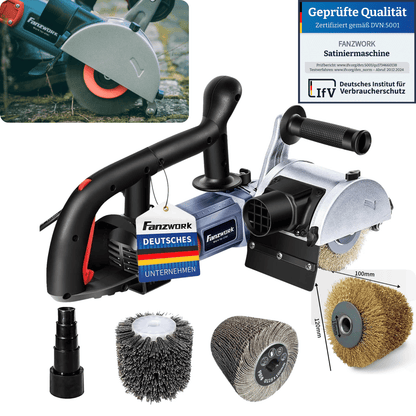 25S FANZWORK V2 1500 Watt Satiniermaschine mit Staubsaugung-Anschluss, Drehzahlregelung, Stahldraht+Nylon+Schleifpapier Bürste