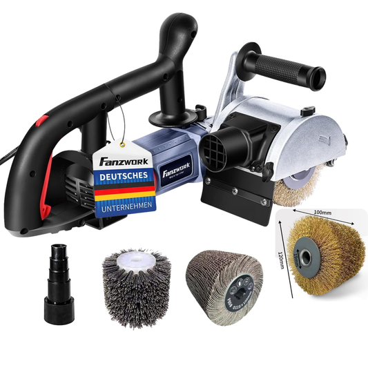 FANZWORK V2 1500 Watt Satiniermaschine mit Staubsaugung-Anschluss, Drehzahlregelung, Stahldraht+Nylon+Schleifpapier Bürste FZ-7301B - Fanztool