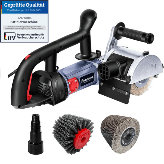 25S FANZWORK V2 1500 Watt Satiniermaschine mit Staubsaugung-Anschluss, Drehzahlregelung, Messing & Nylon & Schleifpapier Bürste