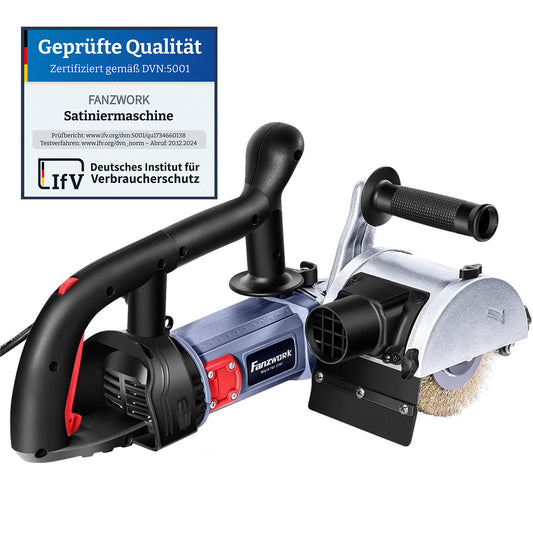 25 FANZWORK V2 1500 Watt Satiniermaschine Schleifmaschine Bürstenschleifgerät zur Renovierung von Oberflächen, mit Staubsaugung-Anschluss, Drehzahlregelung, Kugelgriff, Messing Bürste