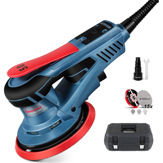 49B FANZWORK Exzenterschleifer 5mm Schleifhub mit 150mm Schleifteller Klett. 350W bürstenlosen EC-Motor, inkl. Tragkoffer