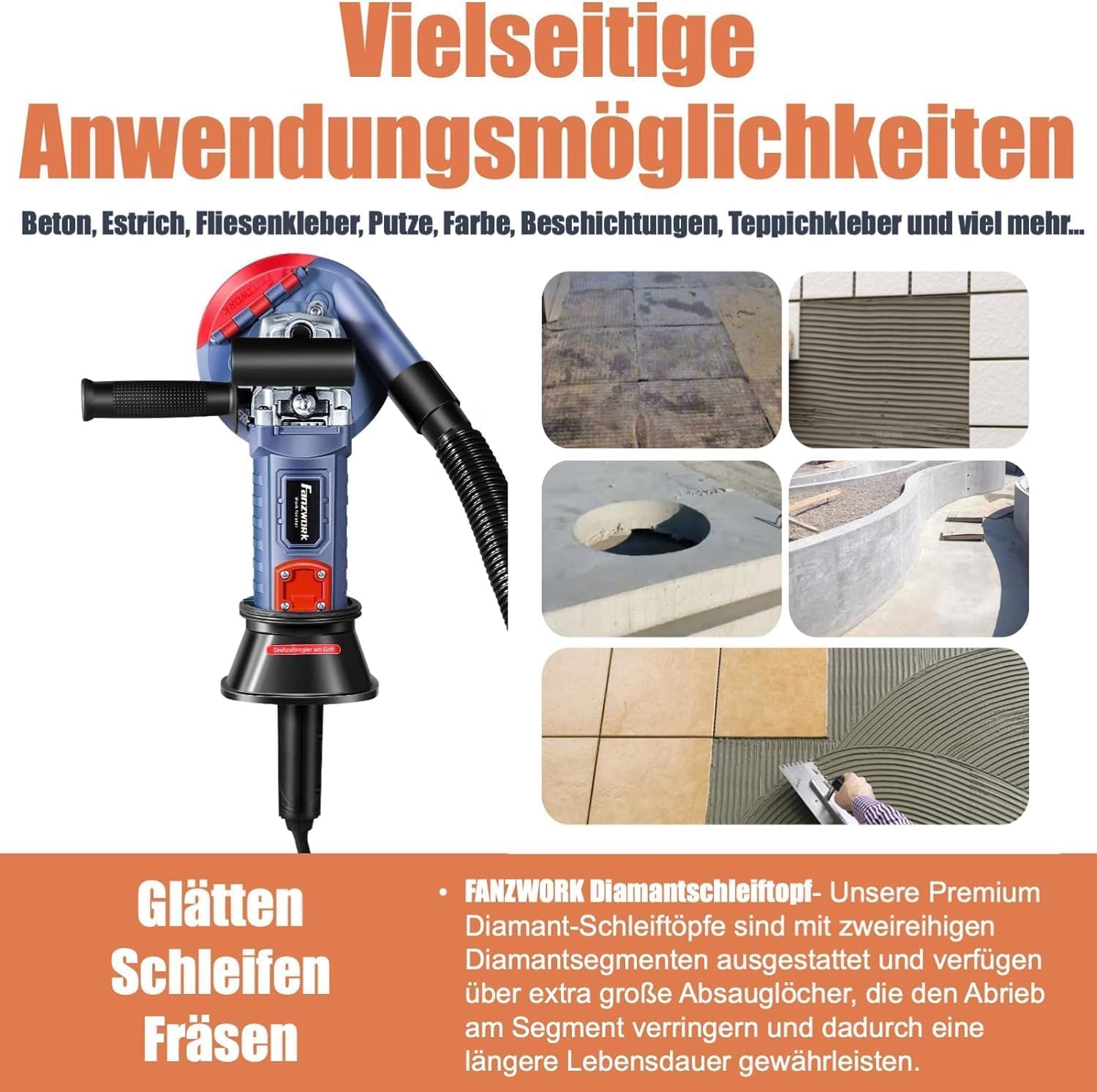 FANZWORK 1500W Betonschleifer Betonfräse Set, Drehzahlregelbar, inkl. Premium 125mm Diamantschleiftopf, Absaughaube - Fanztool