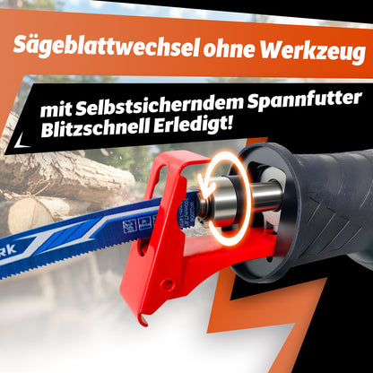 FANZWORK 1100W Säbelsäge Elektrisch – Leistungsstarke mit 0–2500 SPM, LED, inkl. Sägeblatt, mit 4 m Kabel – Für Holz, Metall & Kunststoff u.v.m – Werkzeugloser Klingenwechsel