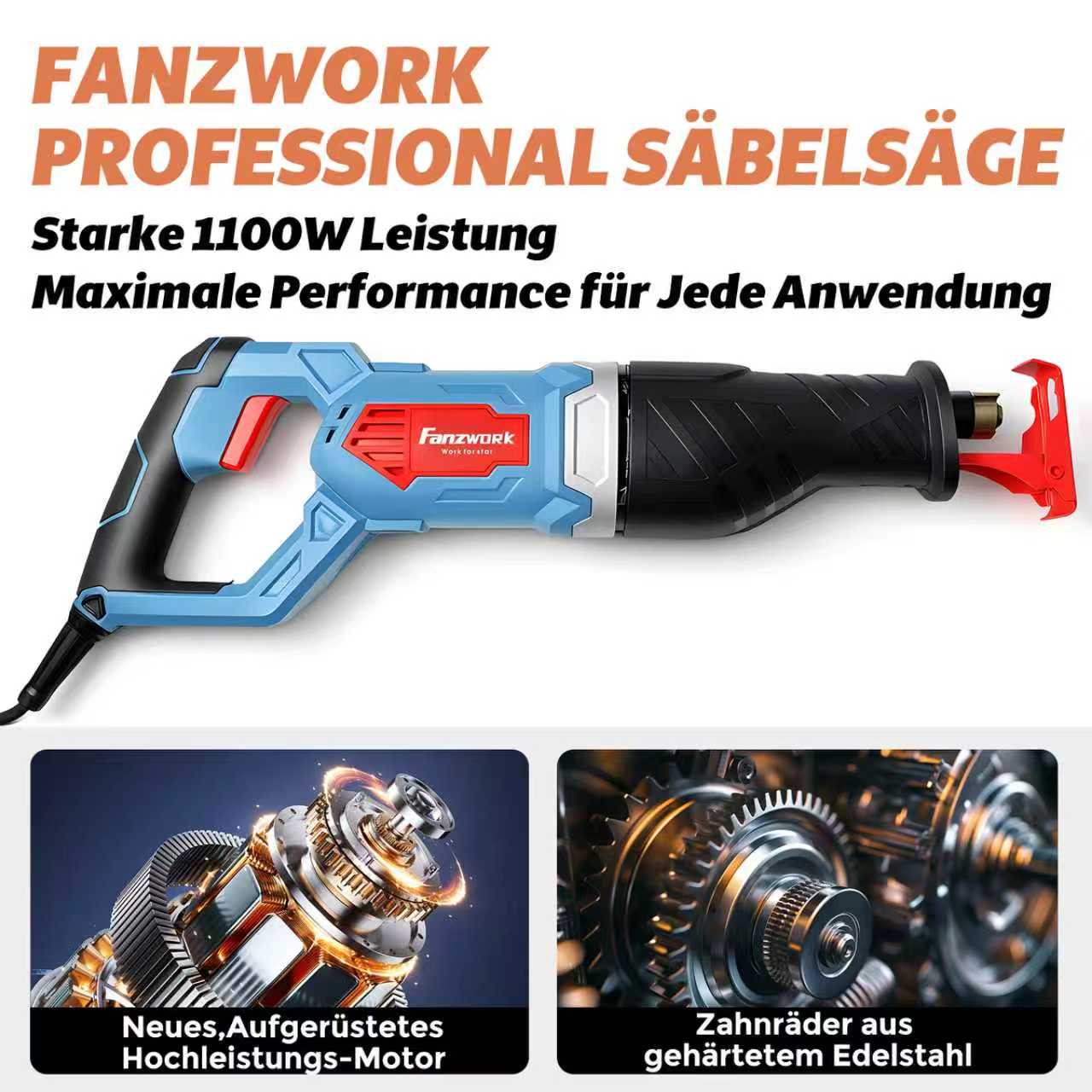 FANZWORK 1100W Säbelsäge Elektrisch – Leistungsstarke mit 0–2500 SPM, LED, inkl. Sägeblatt, mit 4 m Kabel – Für Holz, Metall & Kunststoff u.v.m – Werkzeugloser Klingenwechsel