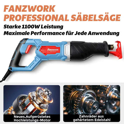 FANZWORK 1100W Säbelsäge Elektrisch – Leistungsstarke mit 0–2500 SPM, LED, inkl. Sägeblatt, mit 4 m Kabel – Für Holz, Metall & Kunststoff u.v.m – Werkzeugloser Klingenwechsel