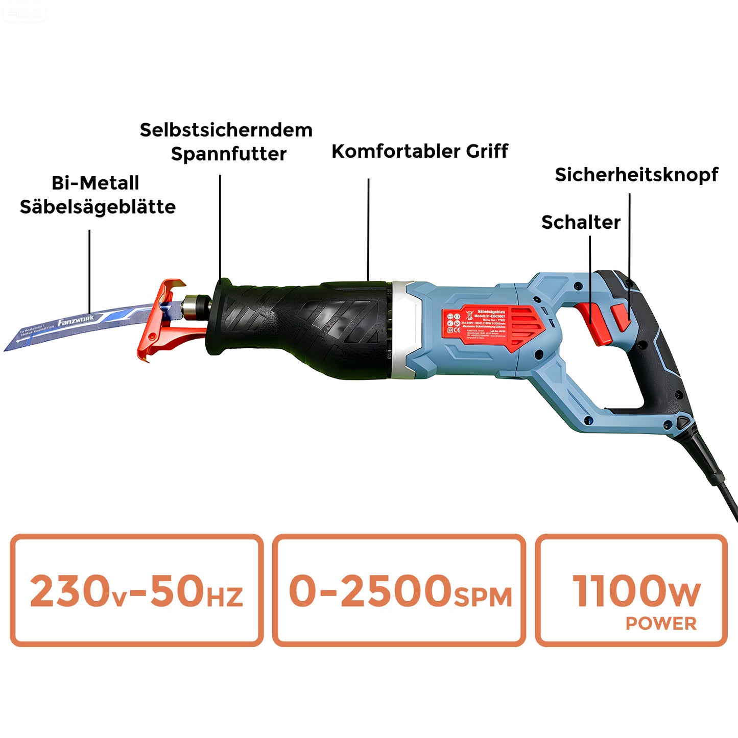 FANZWORK 1100W Säbelsäge Elektrisch – Leistungsstarke mit 0–2500 SPM, LED, inkl. Sägeblatt, mit 4 m Kabel – Für Holz, Metall & Kunststoff u.v.m – Werkzeugloser Klingenwechsel