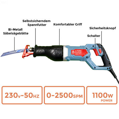 FANZWORK 1100W Säbelsäge Elektrisch – Leistungsstarke mit 0–2500 SPM, LED, inkl. Sägeblatt, mit 4 m Kabel – Für Holz, Metall & Kunststoff u.v.m – Werkzeugloser Klingenwechsel