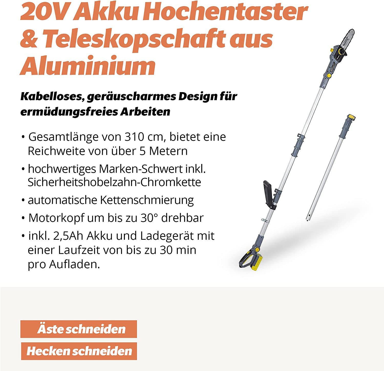Neuwertig - FANZTOOL 20V Li-Ion Akku-Hochentaster mit 2,5Ah Akku/Ladegerät, Höhe bis 5 m, 17 cm Schnittstärke, Schwertlänge 20 cm, leichtes Gewicht 4 kg - Fanztool