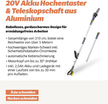 Neuwertig - FANZTOOL 20V Li-Ion Akku-Hochentaster mit 2,5Ah Akku/Ladegerät, Höhe bis 5 m, 17 cm Schnittstärke, Schwertlänge 20 cm, leichtes Gewicht 4 kg - Fanztool