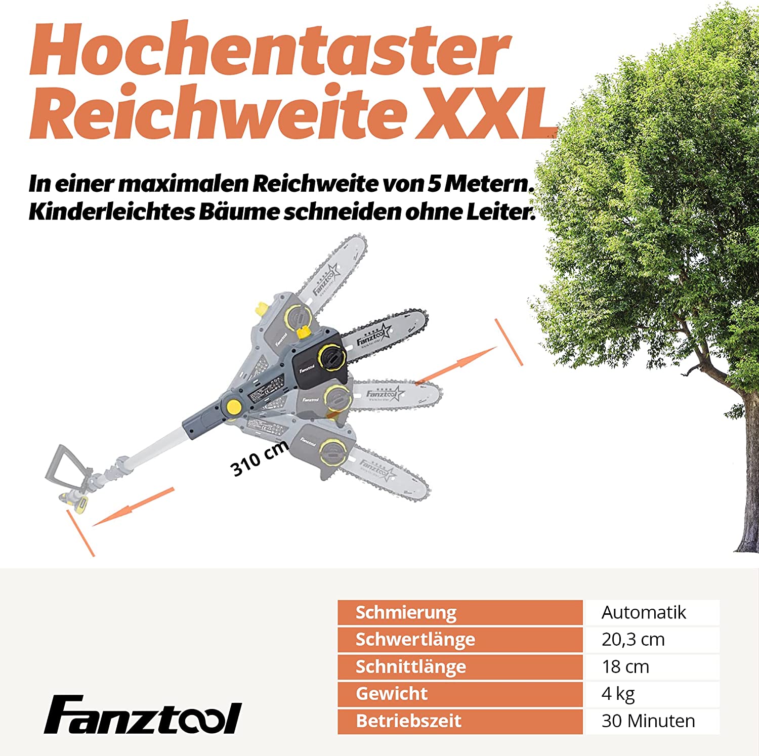 Neuwertig - FANZTOOL 20V Li-Ion Akku-Hochentaster mit 2,5Ah Akku/Ladegerät, Höhe bis 5 m, 17 cm Schnittstärke, Schwertlänge 20 cm, leichtes Gewicht 4 kg - Fanztool