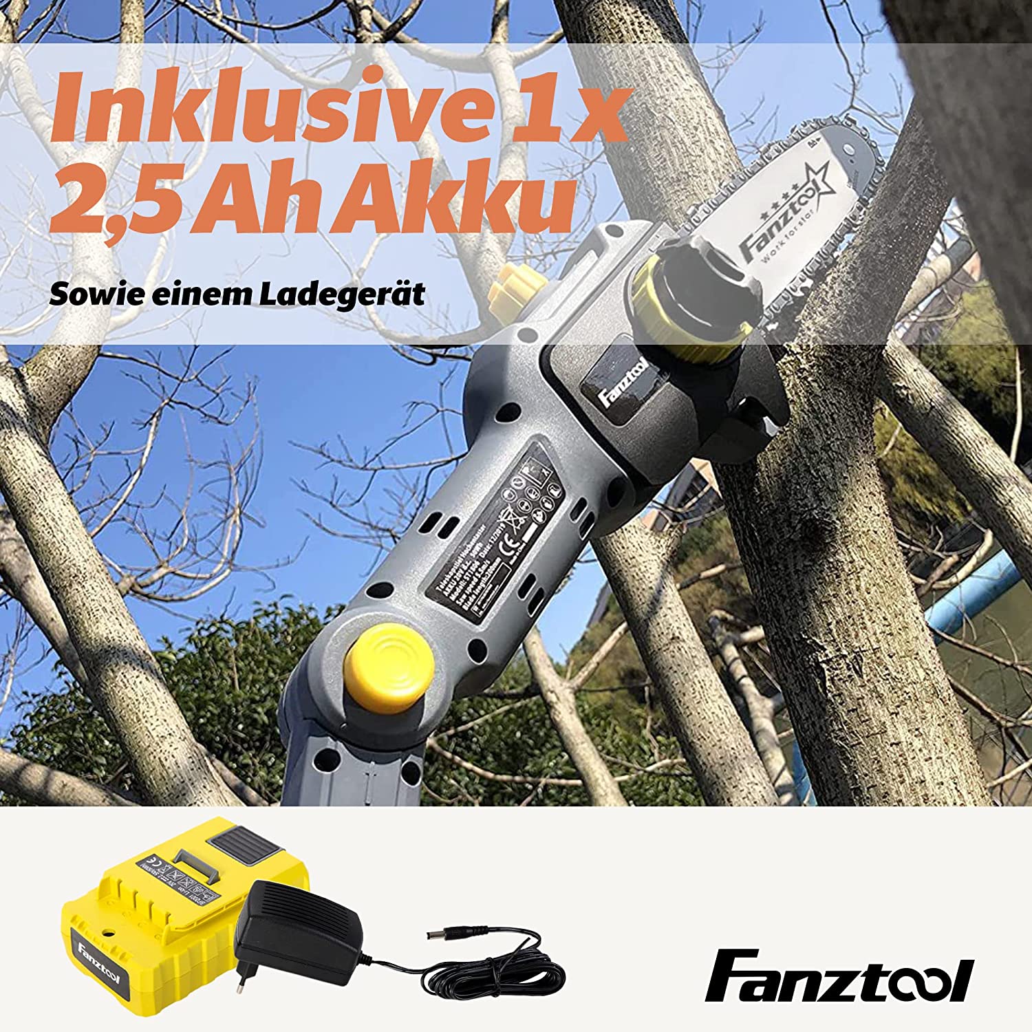 Neuwertig - FANZTOOL 20V Li-Ion Akku-Hochentaster mit 2,5Ah Akku/Ladegerät, Höhe bis 5 m, 17 cm Schnittstärke, Schwertlänge 20 cm, leichtes Gewicht 4 kg - Fanztool