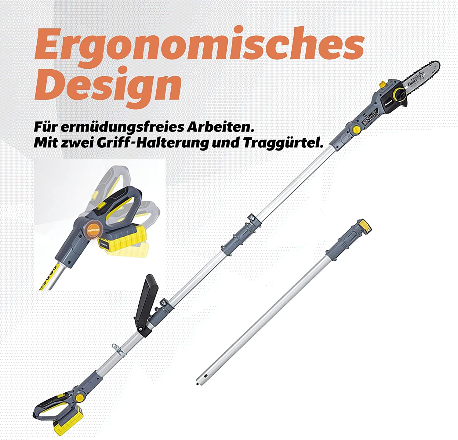 Neuwertig - FANZTOOL 20V Li-Ion Akku-Hochentaster mit 2,5Ah Akku/Ladegerät, Höhe bis 5 m, 17 cm Schnittstärke, Schwertlänge 20 cm, leichtes Gewicht 4 kg - Fanztool