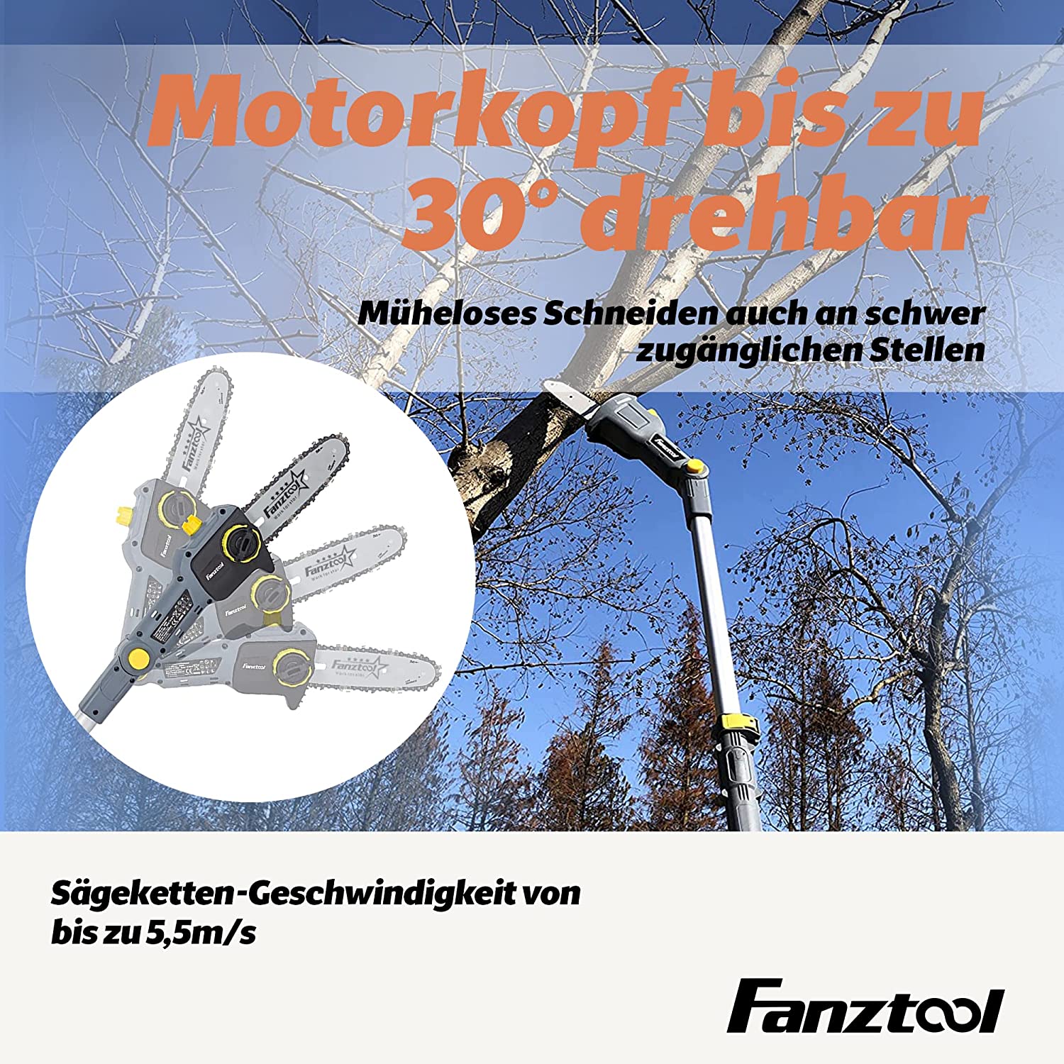 Neuwertig - FANZTOOL 20V Li-Ion Akku-Hochentaster mit 2,5Ah Akku/Ladegerät, Höhe bis 5 m, 17 cm Schnittstärke, Schwertlänge 20 cm, leichtes Gewicht 4 kg - Fanztool
