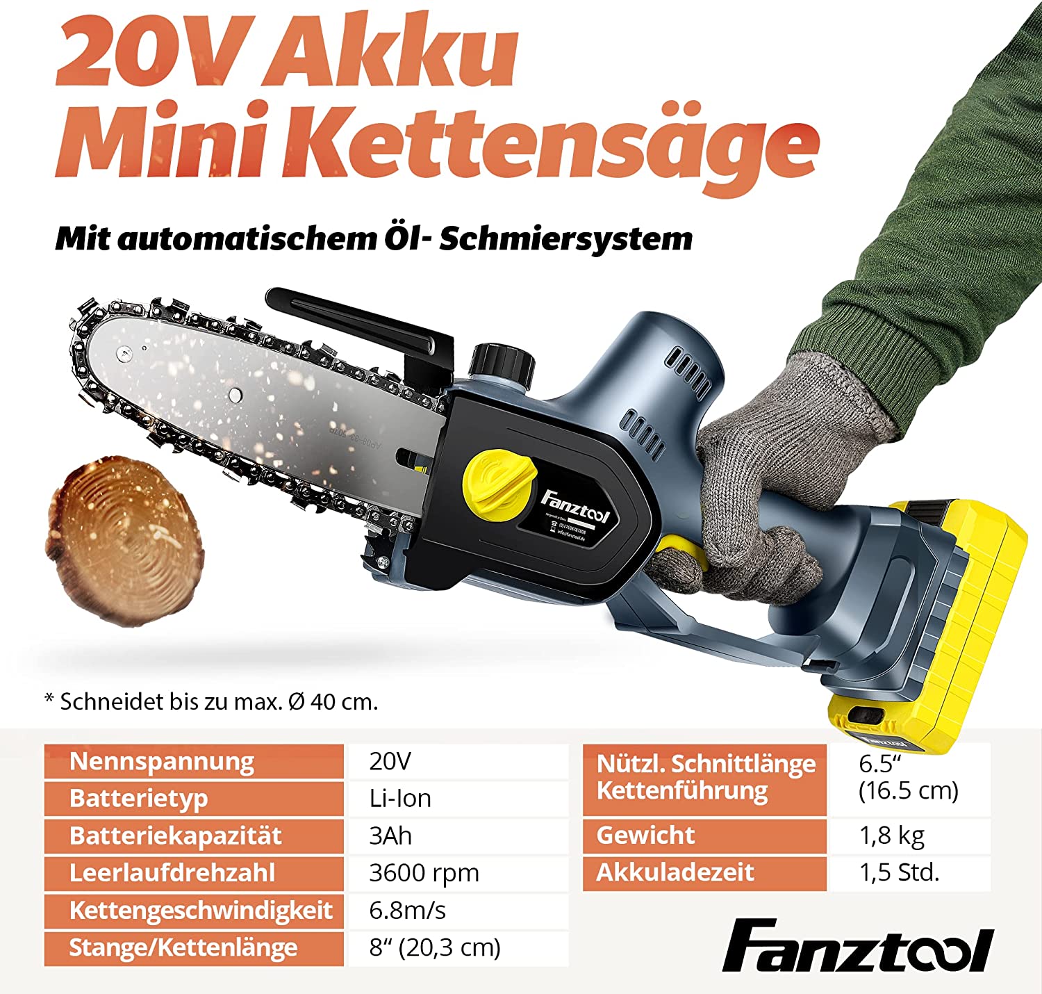 FANZTOOL 20V Akku Handsäge, Kettensäge mini 1,8 kg, EC-Motor, 3Ah Akku - Fanztool