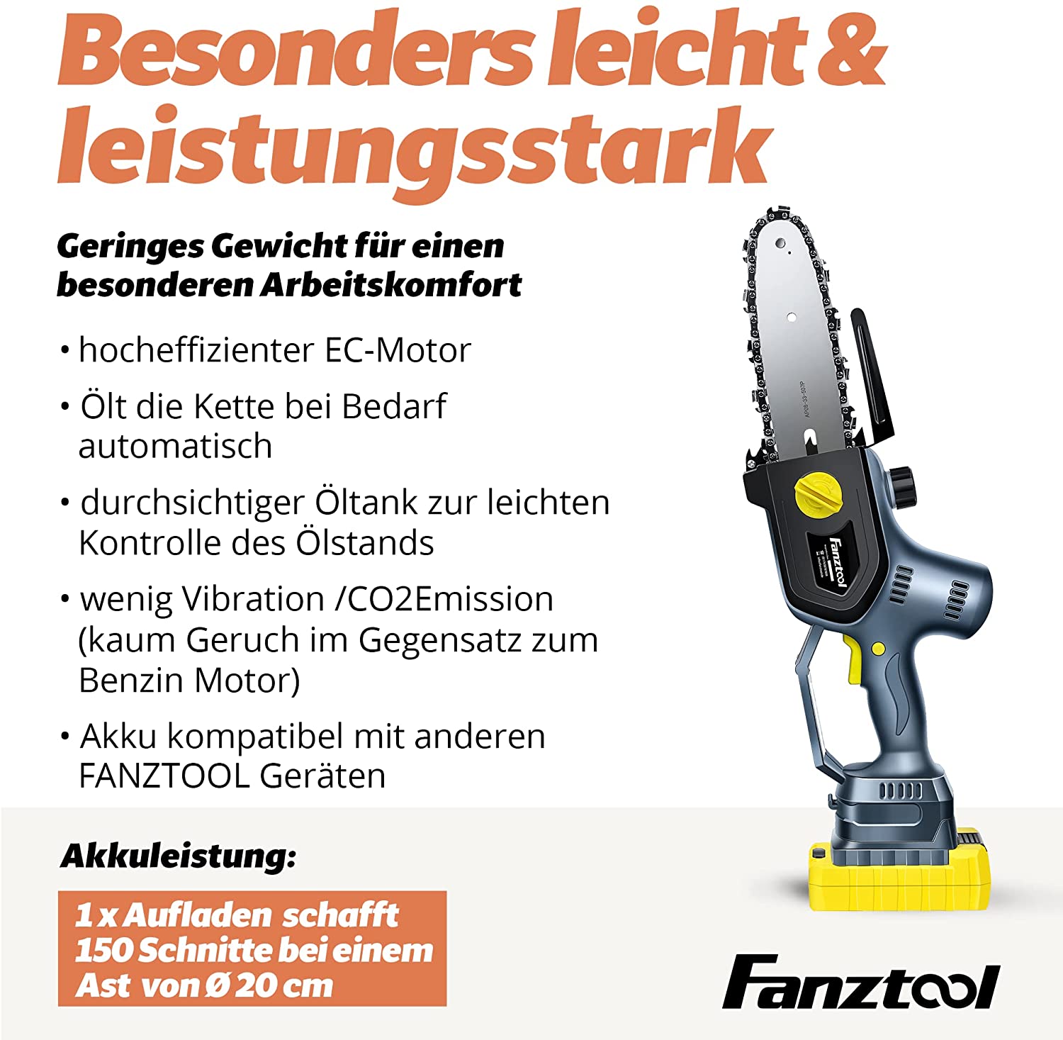 FANZTOOL 20V Akku Handsäge, Kettensäge mini 1,8 kg, EC-Motor, 3Ah Akku - Fanztool