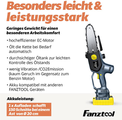 FANZTOOL 20V Akku Handsäge, Kettensäge mini 1,8 kg, EC-Motor, 3Ah Akku - Fanztool