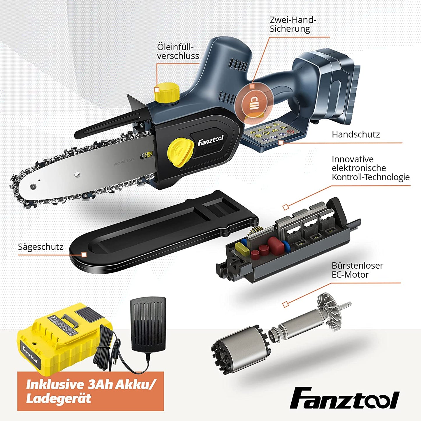 FANZTOOL 20V Akku Handsäge, Kettensäge mini 1,8 kg, EC-Motor, 3Ah Akku - Fanztool