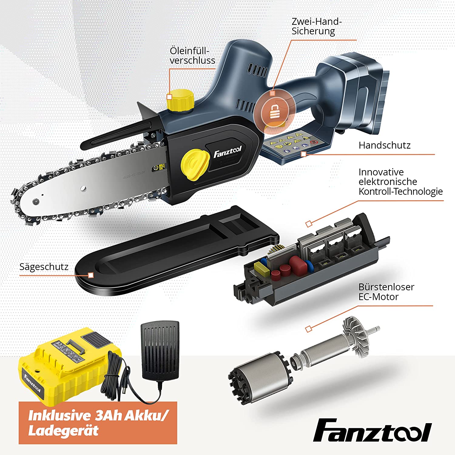 FANZTOOL 20V Akku Handsäge, Kettensäge mini 1,8 kg, EC-Motor, 3Ah Akku - Fanztool