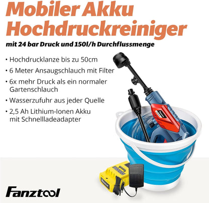 033 FANZTOOL Akku Hochdruckreiniger 20V mit 5-in-1-Multifunktionsdüse, 24 Bar Druck