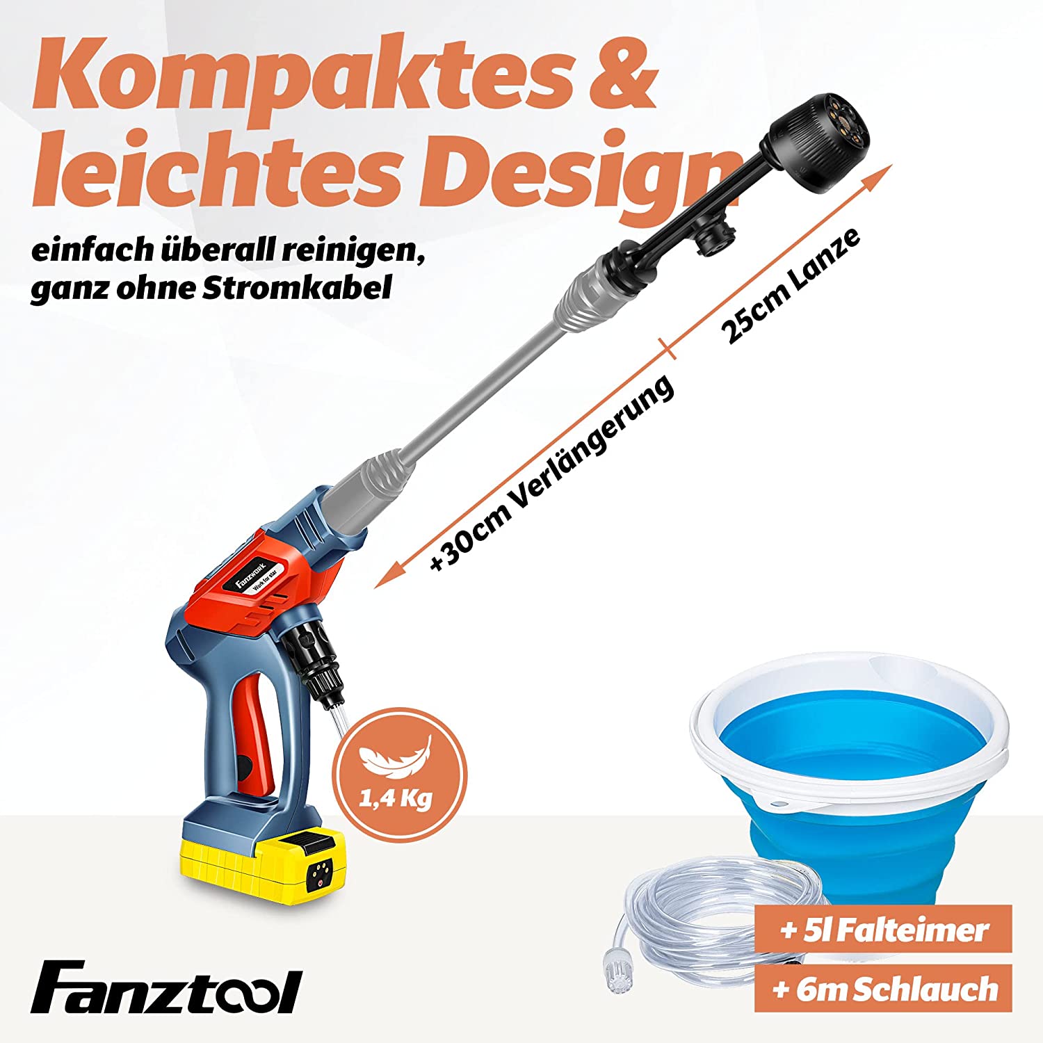 Gebraucht - FANZTOOL Akku Hochdruckreiniger 20V mit 5-in-1-Multifunktionsdüse, 24 Bar Druck, Fördermenge 150 l/h, inkl. 6 m Schlauch mit Filter und 5 Liter Eimer - Fanztool