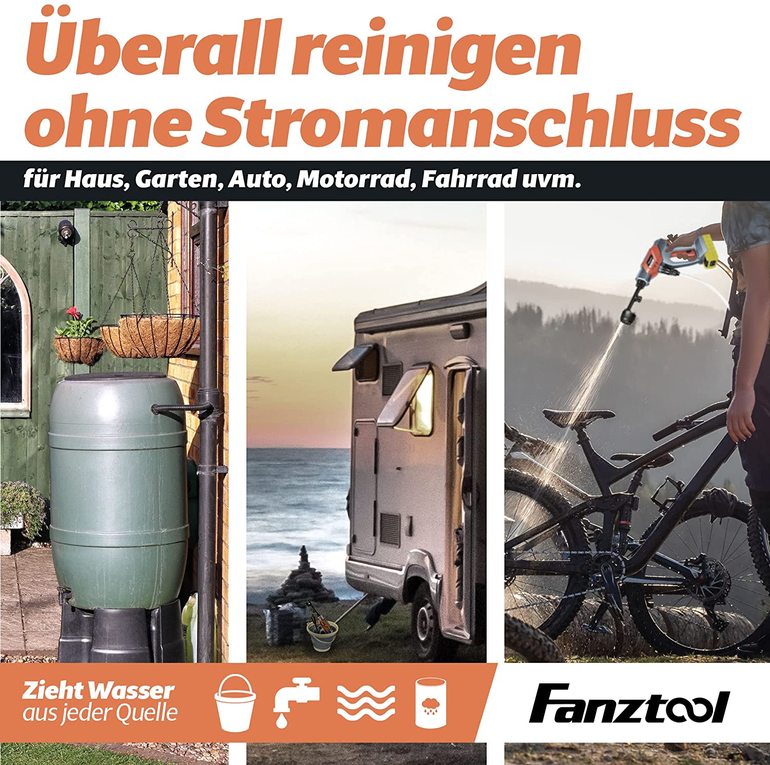 Gebraucht - FANZTOOL Akku Hochdruckreiniger 20V mit 5-in-1-Multifunktionsdüse, 24 Bar Druck, Fördermenge 150 l/h, inkl. 6 m Schlauch mit Filter und 5 Liter Eimer - Fanztool