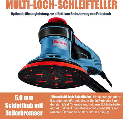 Neuwertig - FANZWORK Exzenterschleifer HG0024 5mm Schleifhub,125mm/150mm Schleifteller, 350W bürstenlosen Motor, Drehzahlregelung - Fanztool