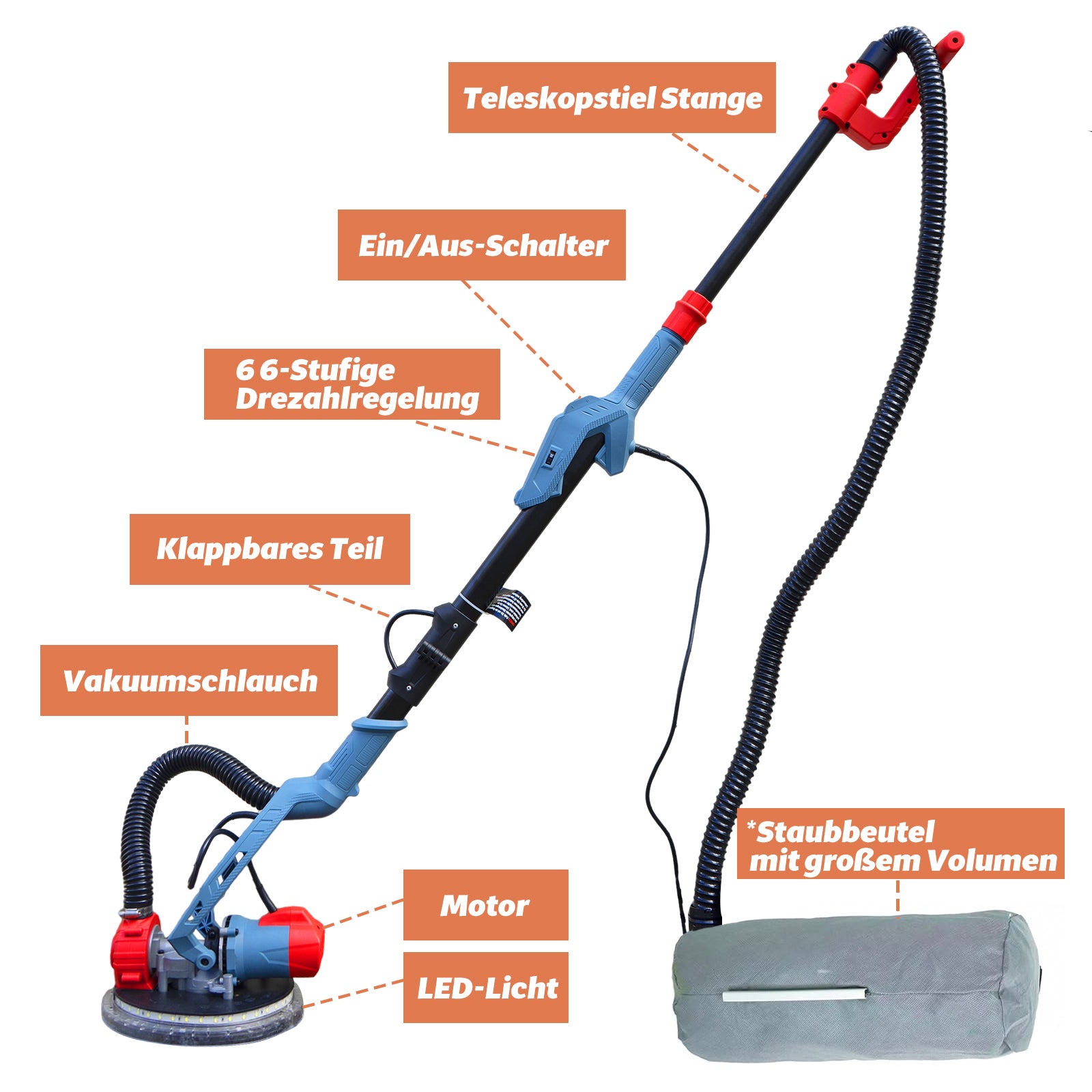 Neuwertig - FANZTOOL 750 Watt Trockenbauschleifer mit intrigiertem Staubsauger Giraffe Deckenschleifer – LED, 4kg - Fanztool