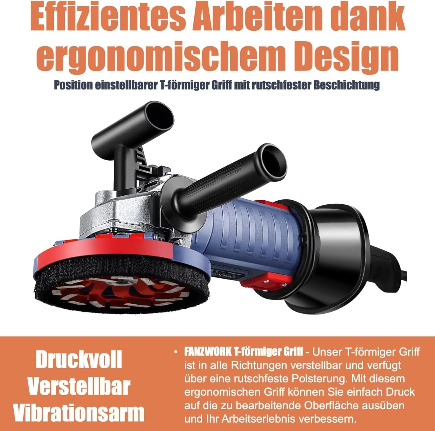 FANZWORK 1500W Betonschleifer Betonfräse Set, Drehzahlregelbar, inkl. Premium 125mm Diamantschleiftopf, Absaughaube - Fanztool