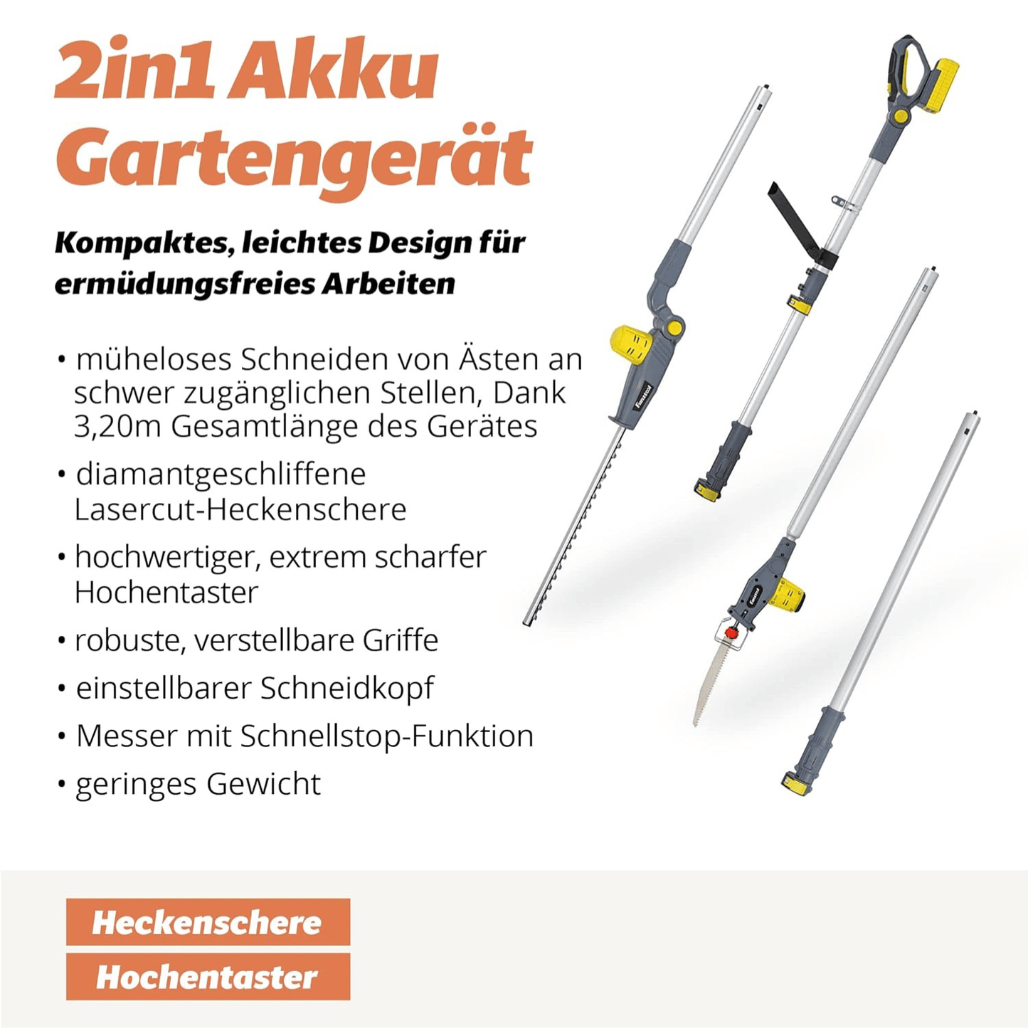 Neuwertig - FANZTOOL 20V Li-Ion Akku 2-in-1 Hochentaster/teleskop Heckenschere mit 2Ah Akku & Ladegerät, Reichweite bis 5 m, 17 cm Schnittstärke, leichtes Gewicht 3,5 Kg - Fanztool