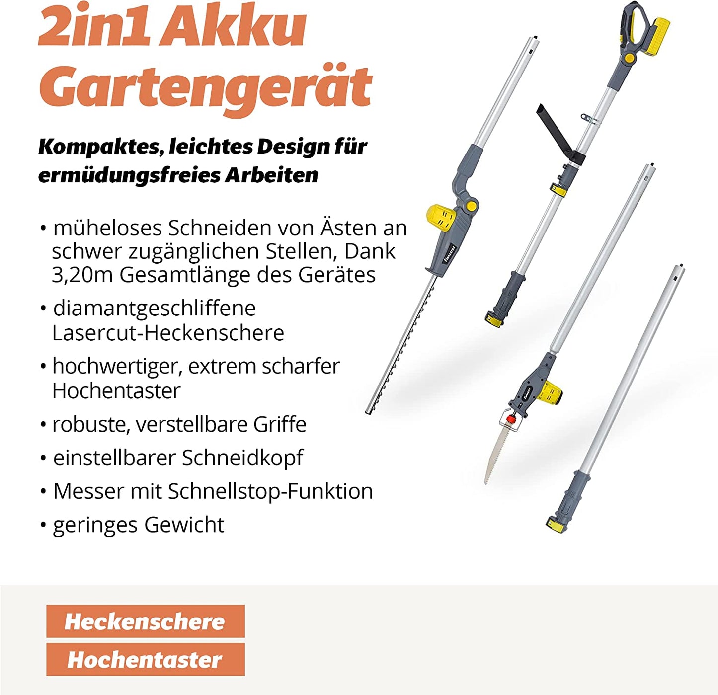 048 FANZTOOL 20V Akku 2-in-1 Hochentaster/teleskop Heckenschere mit 2Ah Akku & Ladegerät, Reichweite bis 5 m