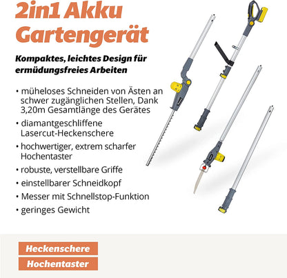 048 FANZTOOL 20V Akku 2-in-1 Hochentaster/teleskop Heckenschere mit 2Ah Akku & Ladegerät, Reichweite bis 5 m