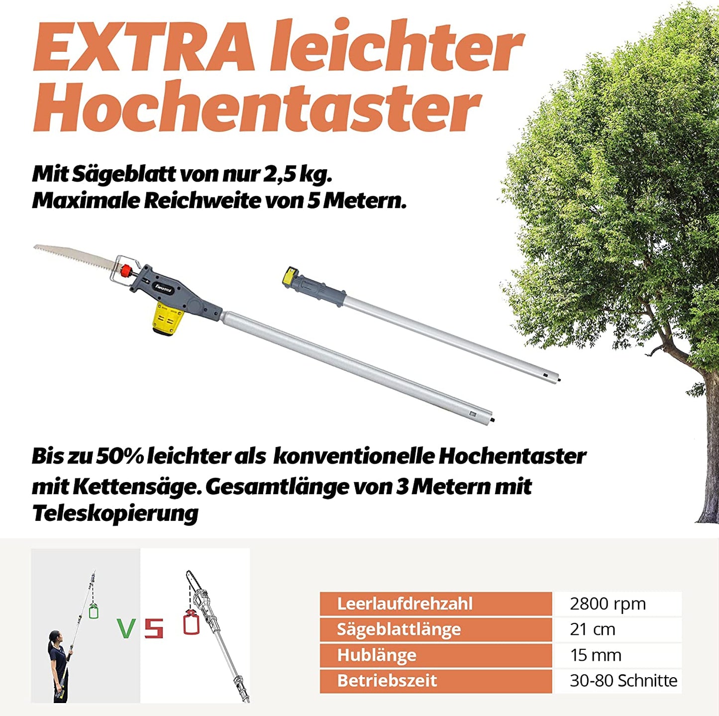048 FANZTOOL 20V Akku 2-in-1 Hochentaster/teleskop Heckenschere mit 2Ah Akku & Ladegerät, Reichweite bis 5 m