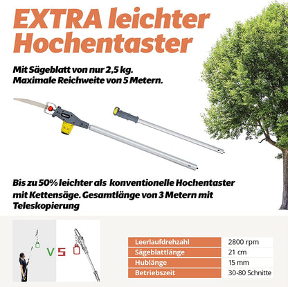 048 FANZTOOL 20V Akku 2-in-1 Hochentaster/teleskop Heckenschere mit 2Ah Akku & Ladegerät, Reichweite bis 5 m