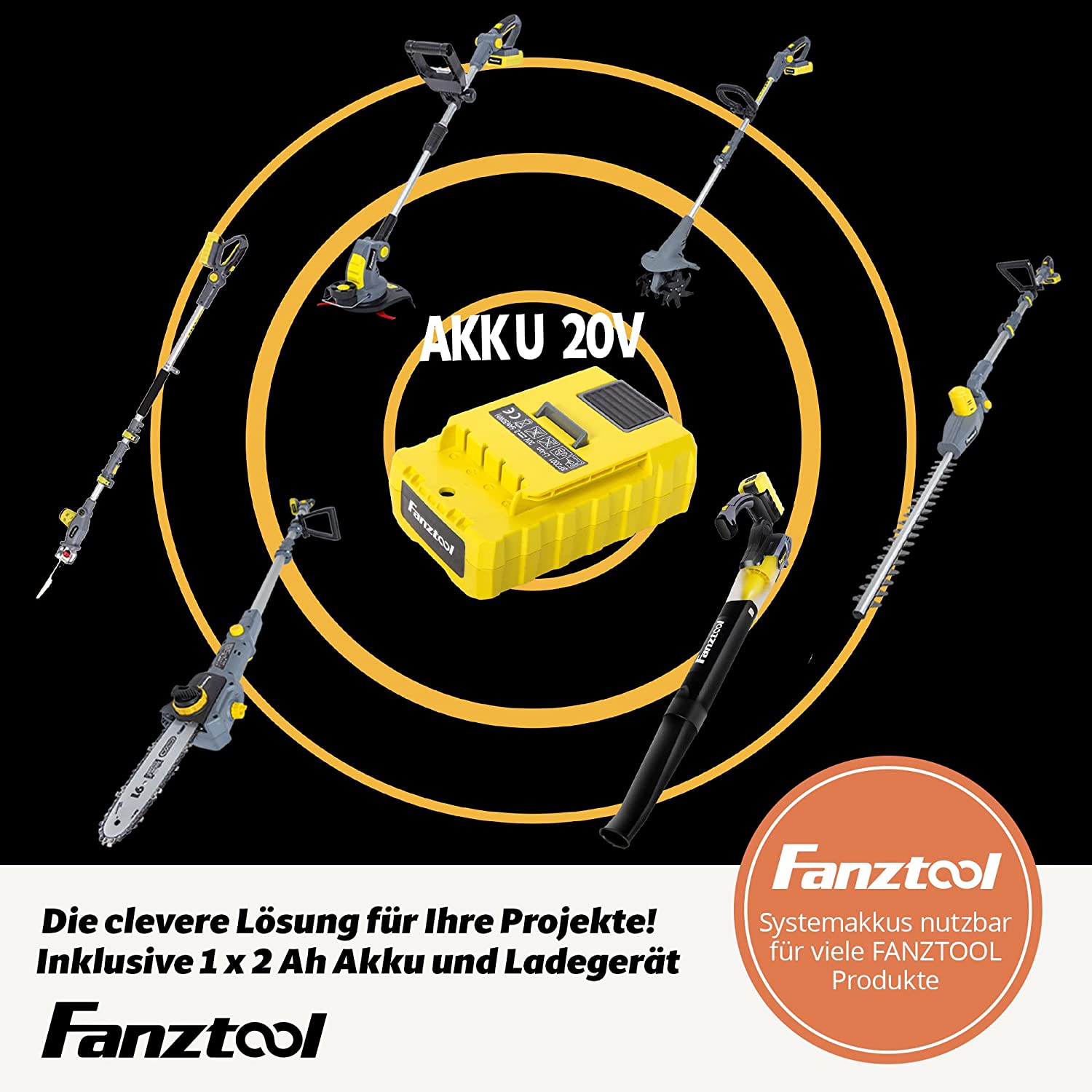Neuwertig - FANZTOOL 20V Akku Heckenschere, Hochentaster, Rasentrimmer (3-in-1) - Fanztool