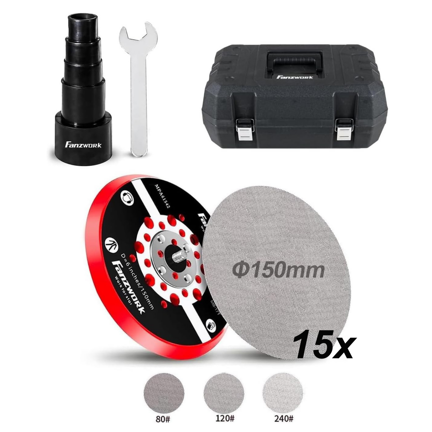 49B FANZWORK Exzenterschleifer 5mm Schleifhub mit 150mm Schleifteller Klett. 350W bürstenlosen EC-Motor, inkl. Tragkoffer