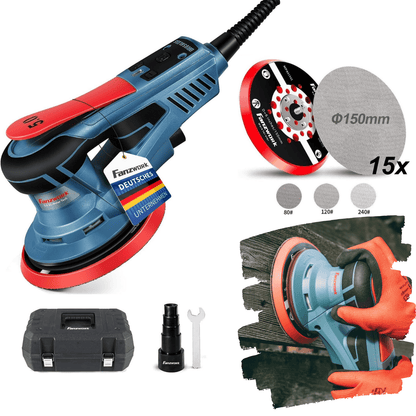 49B FANZWORK eccentric sander with 5mm sanding stroke and 150mm Velcro sanding pad. 350W brushless EC motor, including carrying case.