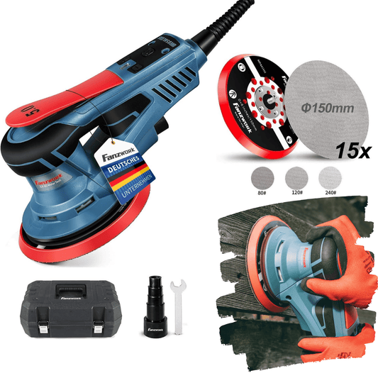Neuwertig - 49B FANZWORK Exzenterschleifer 5mm Schleifhub mit 150mm Schleifteller Klett. 350W bürstenlosen EC-Motor, inkl. Tragkoffer FZ-EZ150A