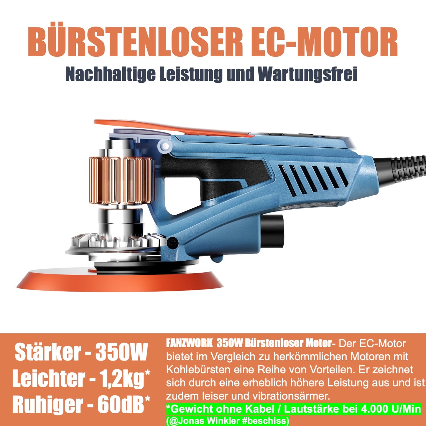 49B FANZWORK Exzenterschleifer 5mm Schleifhub mit 150mm Schleifteller Klett. 350W bürstenlosen EC-Motor, inkl. Tragkoffer