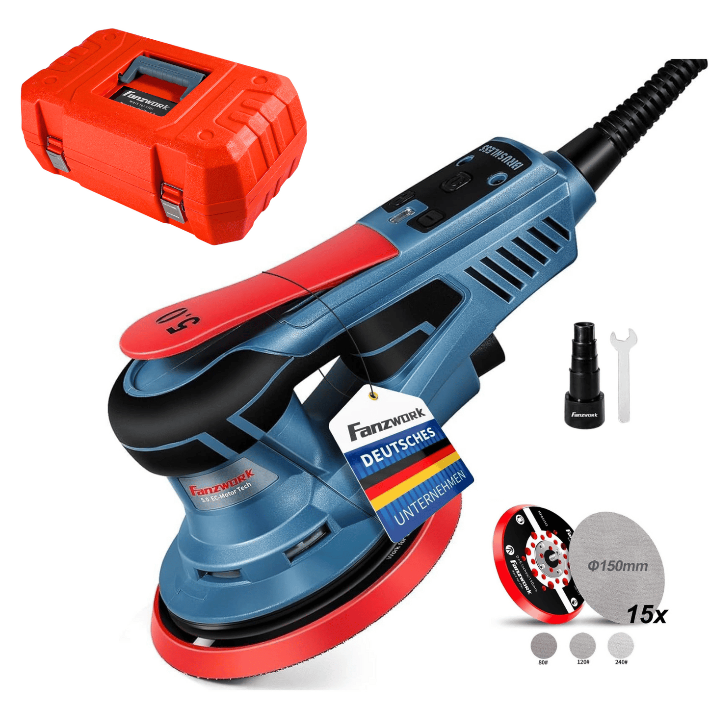 Used - 49B FANZWORK eccentric sander with 5mm sanding stroke and 150mm Velcro sanding pad. 350W brushless EC motor, including carrying case.