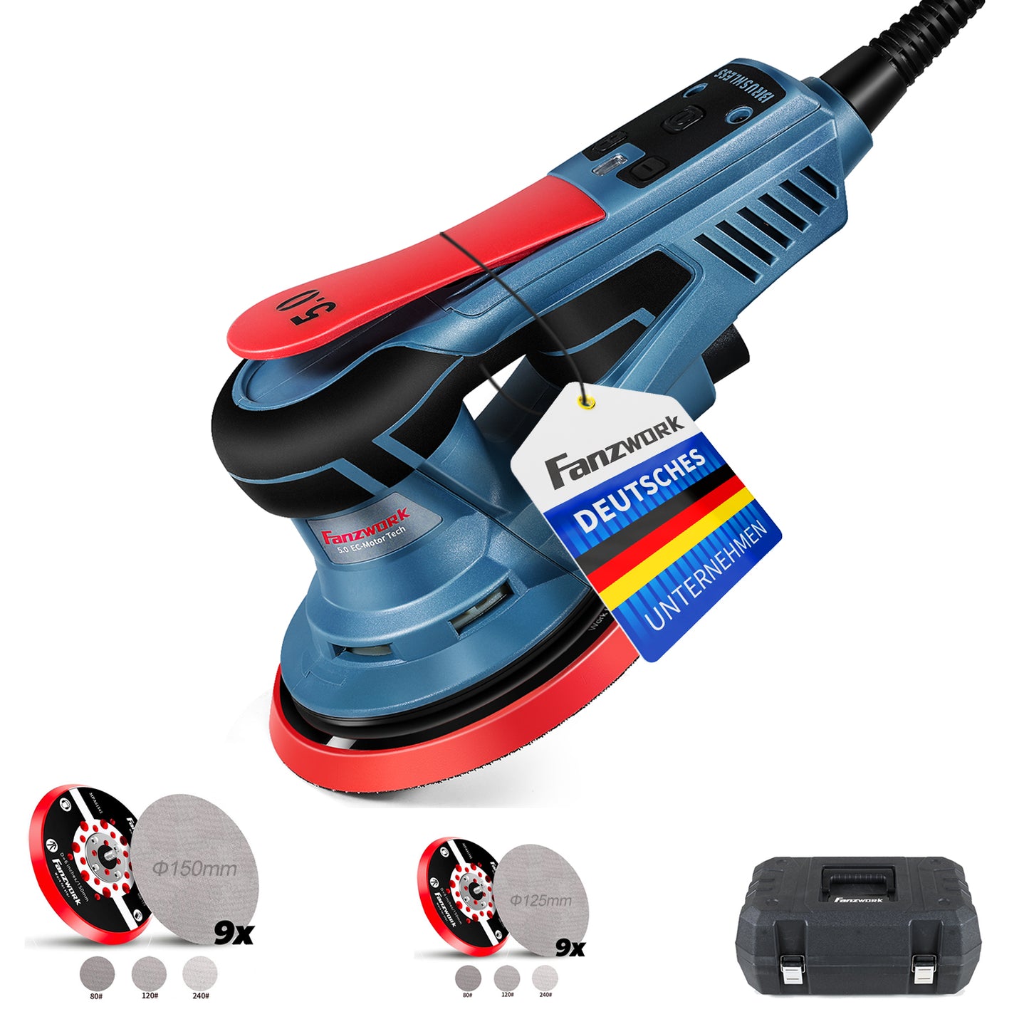 Neuwertig - 49E FANZWORK Exzenterschleifer 5mm Schleifhub mit 125/150 mm Schleifteller Klett. 350W bürstenlosen EC-Motor, inkl. Tragkoffer
