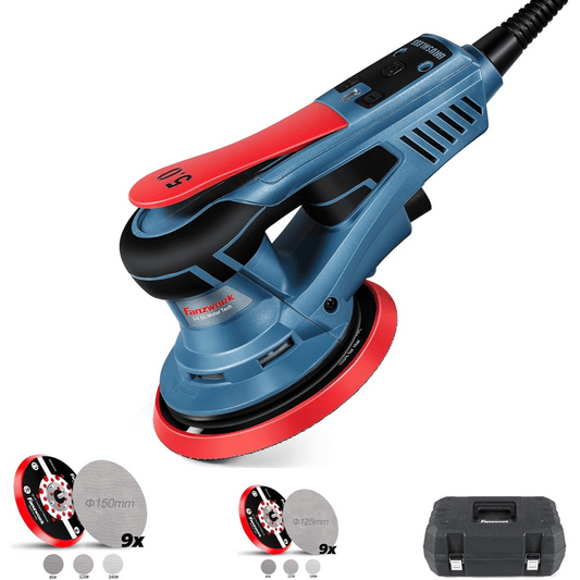 49E FANZWORK Exzenterschleifer 5mm Schleifhub mit 125/150 mm Schleifteller Klett. 350W bürstenlosen EC-Motor, inkl. Tragkoffer