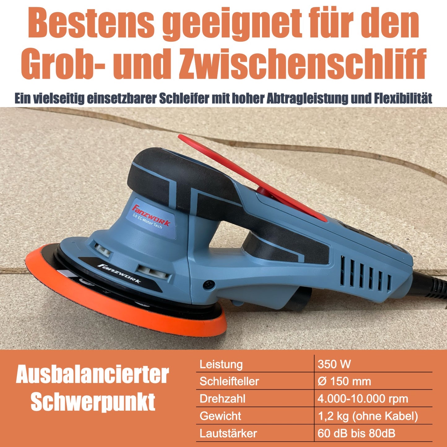 49B FANZWORK Exzenterschleifer 5mm Schleifhub mit 150mm Schleifteller Klett. 350W bürstenlosen EC-Motor, inkl. Tragkoffer