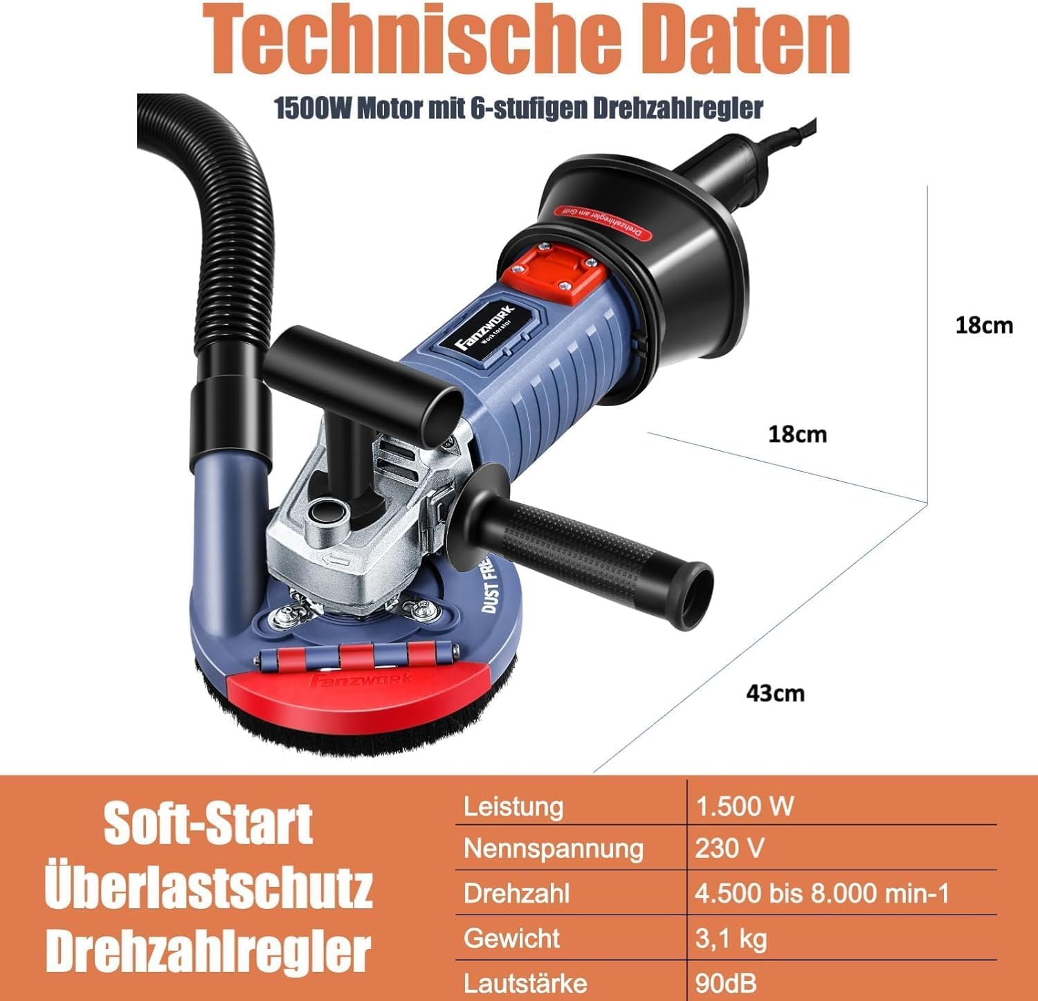 FANZWORK 1500W Betonschleifer Betonfräse Set, Drehzahlregelbar, inkl. Premium 125mm Diamantschleiftopf, Absaughaube - Fanztool