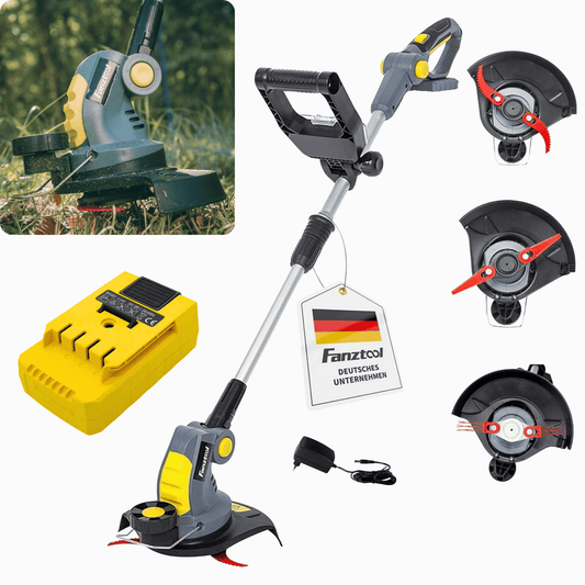 As good as new - FANZTOOL cordless grass trimmer 20V, including 2Ah battery, charger, straight blades for smooth and fine cutting and curved blades with teeth for coarse cutting