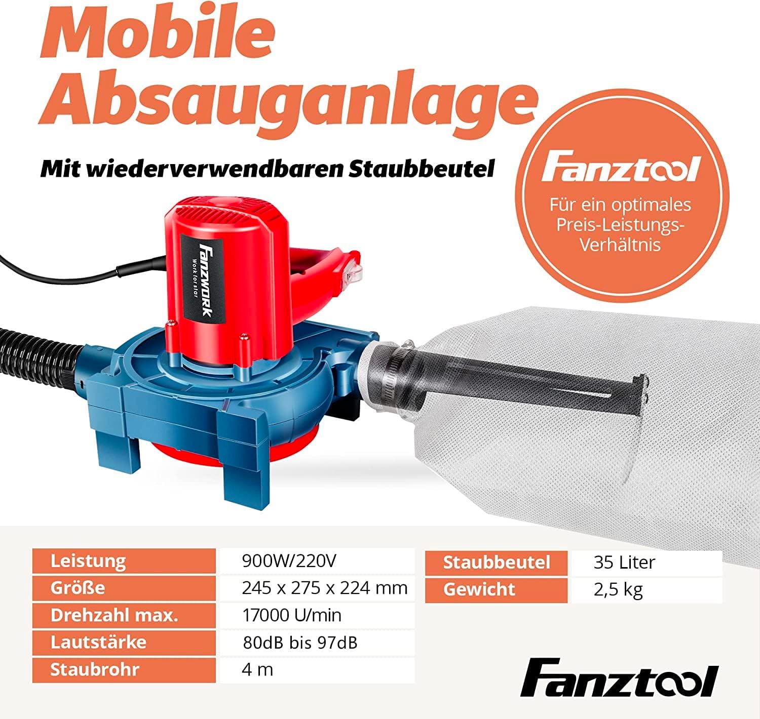 Neuwertig - Mobile Absauganlage 900W mit wiederverwendbaren Staubbeutel und Metallgehäuse - Fanztool