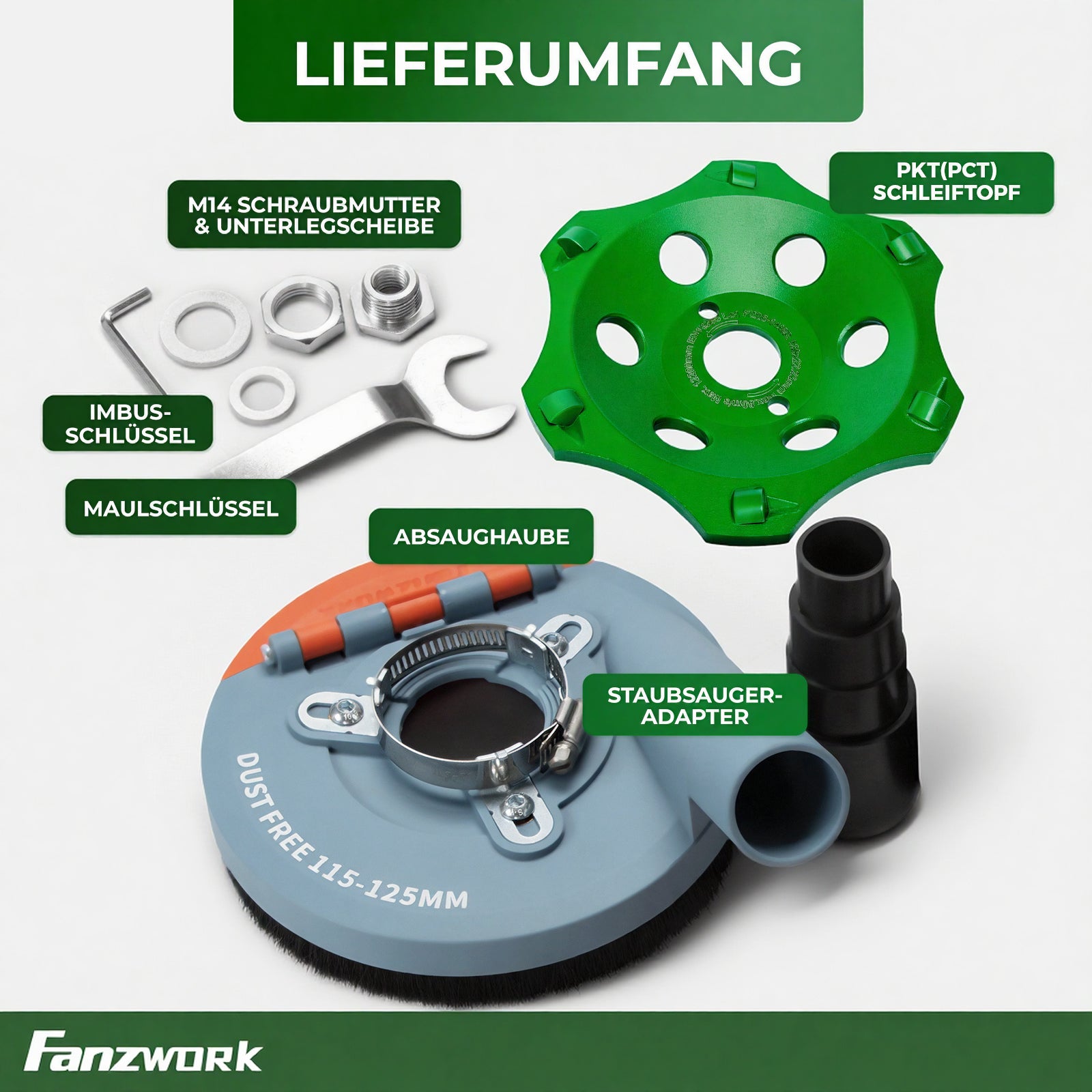 FANZWORK Absaughaube für Winkelschleifer inkl. 125 mm PKD-Schleiftopf zur Kleberentfernung – PROFI QUALITÄT – Bürsten Auswechselbar – 99% Universal Passend – Verstärkter Adapterring – M14 Adapter | PKD - Fanztool