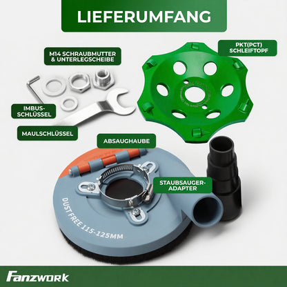 FANZWORK Absaughaube für Winkelschleifer inkl. 125 mm PKD-Schleiftopf zur Kleberentfernung – PROFI QUALITÄT – Bürsten Auswechselbar – 99% Universal Passend – Verstärkter Adapterring – M14 Adapter | PKD - Fanztool